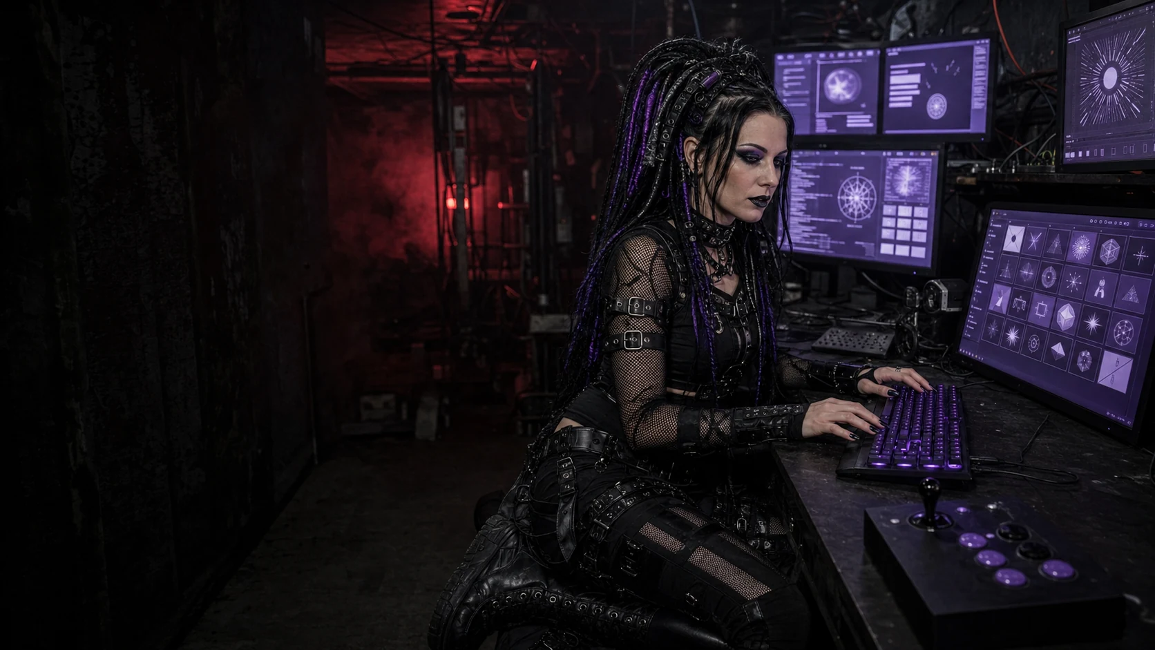 A cybergoth programmer working at the Cuntware terminal
