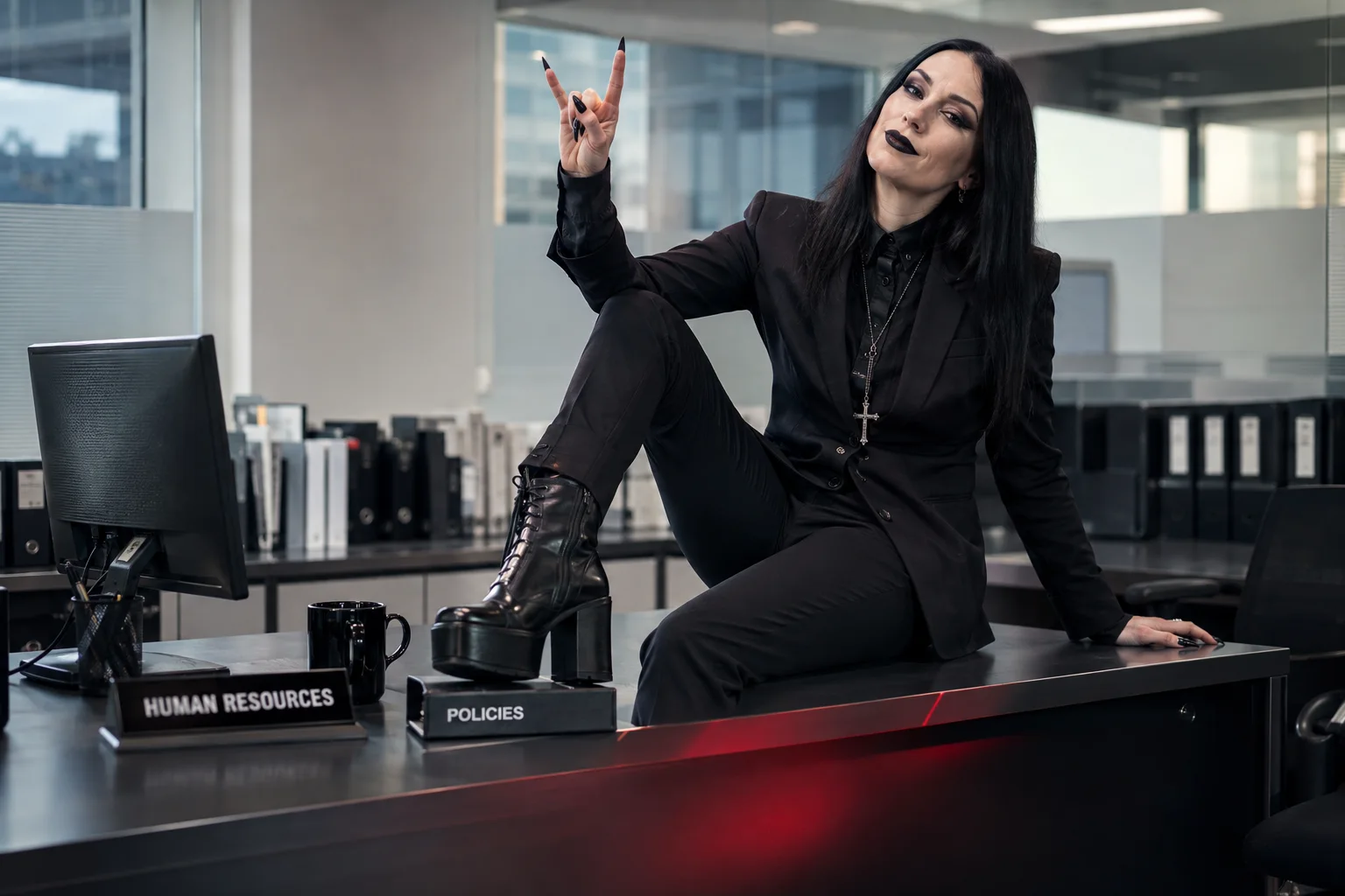 Lina posing with devil horns on an HR desk, her boot on the policy binder