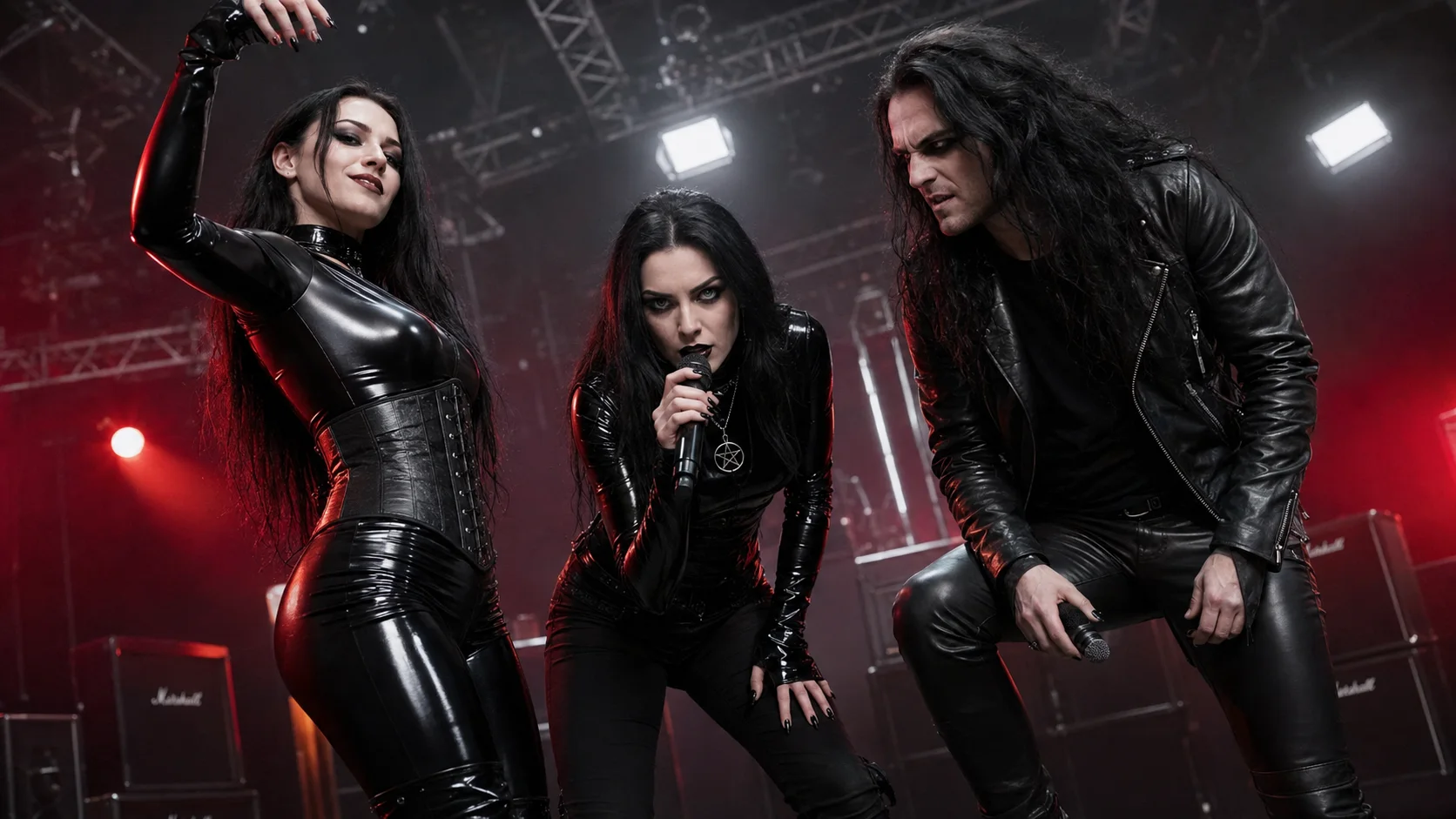 Zariel, Lina and Xavi on a red-lit music video set