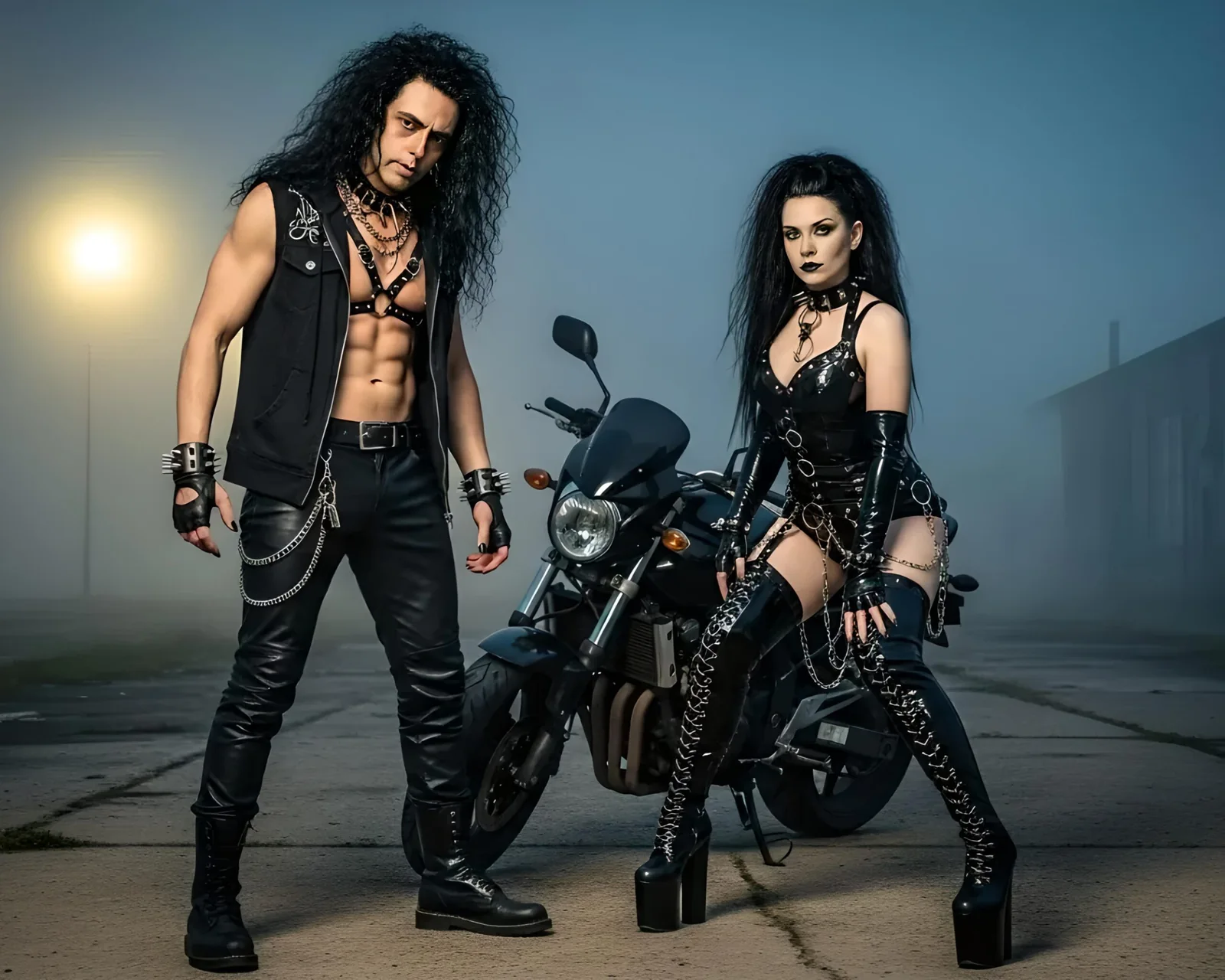 Xavi and Lina beside a motorcycle
