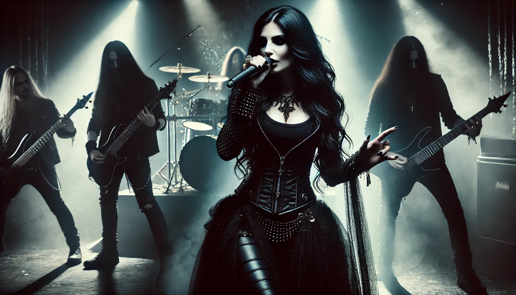 Gothic female vocalist with long dark hair performing on a dimly lit stage, surrounded by shadowy band members in a haunting, atmospheric setting, inspired by the symphonic metal band Beyond the Black.