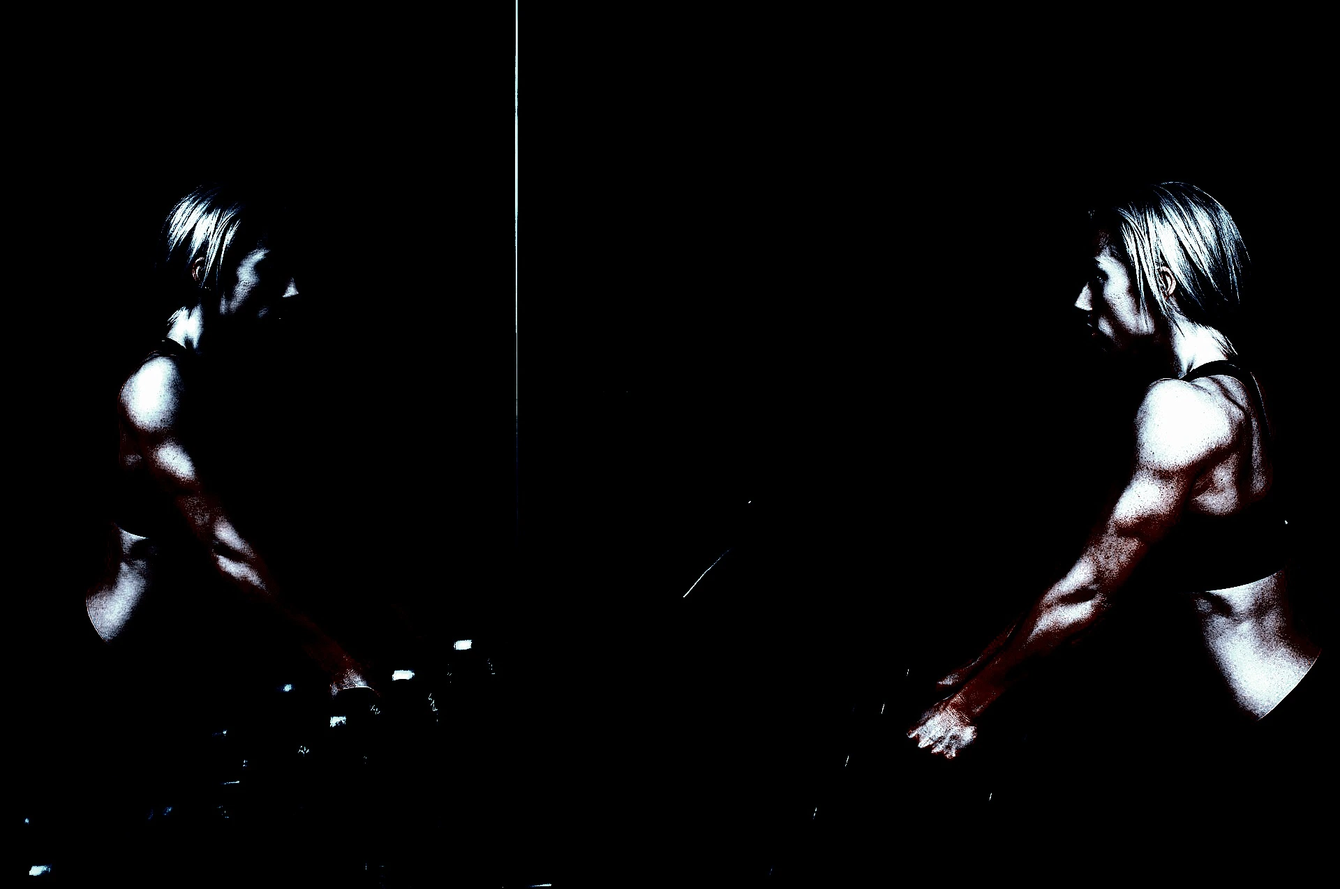 Metalhead Meal Prep: A muscular woman lifting weights, her strong arms illuminated by focused light, reflecting in a dimly lit gym mirror.