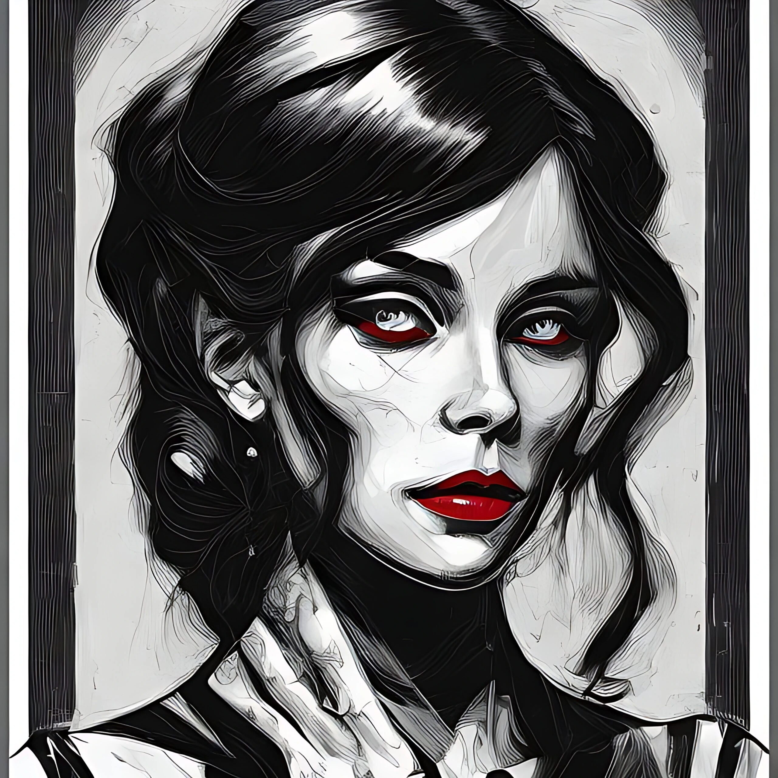 Black and white artwork of a gothic woman with striking red eyes and bold red lips, exuding an enigmatic aura.