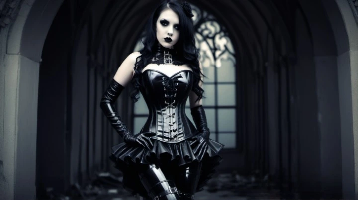 A solitary woman at Graspop Metal Meeting 2010, draped in a gothic corset and ruffled skirt, poses within the gothic architecture, enhancing the dark festival fantasy.