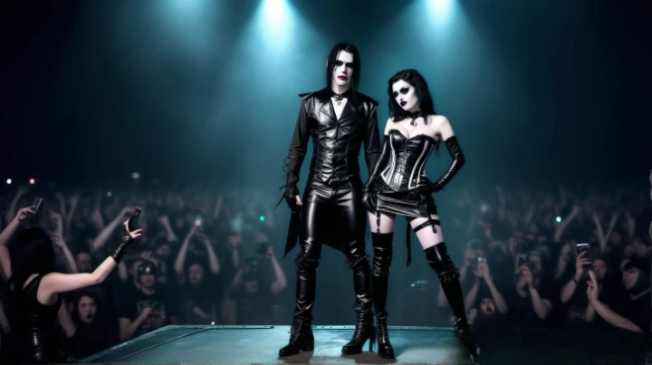 Performers commanding the stage at Graspop Metal Meeting 2007, with the man in a sleek black leather suit and the woman in a corset and thigh-high boots, surrounded by an energized crowd.