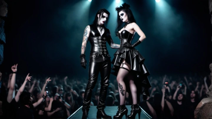 A striking gothic figure at Graspop Metal Meeting, clad in an elaborate black latex corset and matching accessories, stands confidently on the festival grounds, embodying the gothic metal fashion and spirit of the event.
