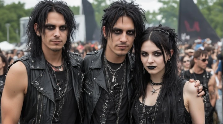 Two gothic men and a woman, all adorned in black with silver accents, stand united at Dynamo Metal Fest 1993, displaying their metal solidarity with intense gazes.