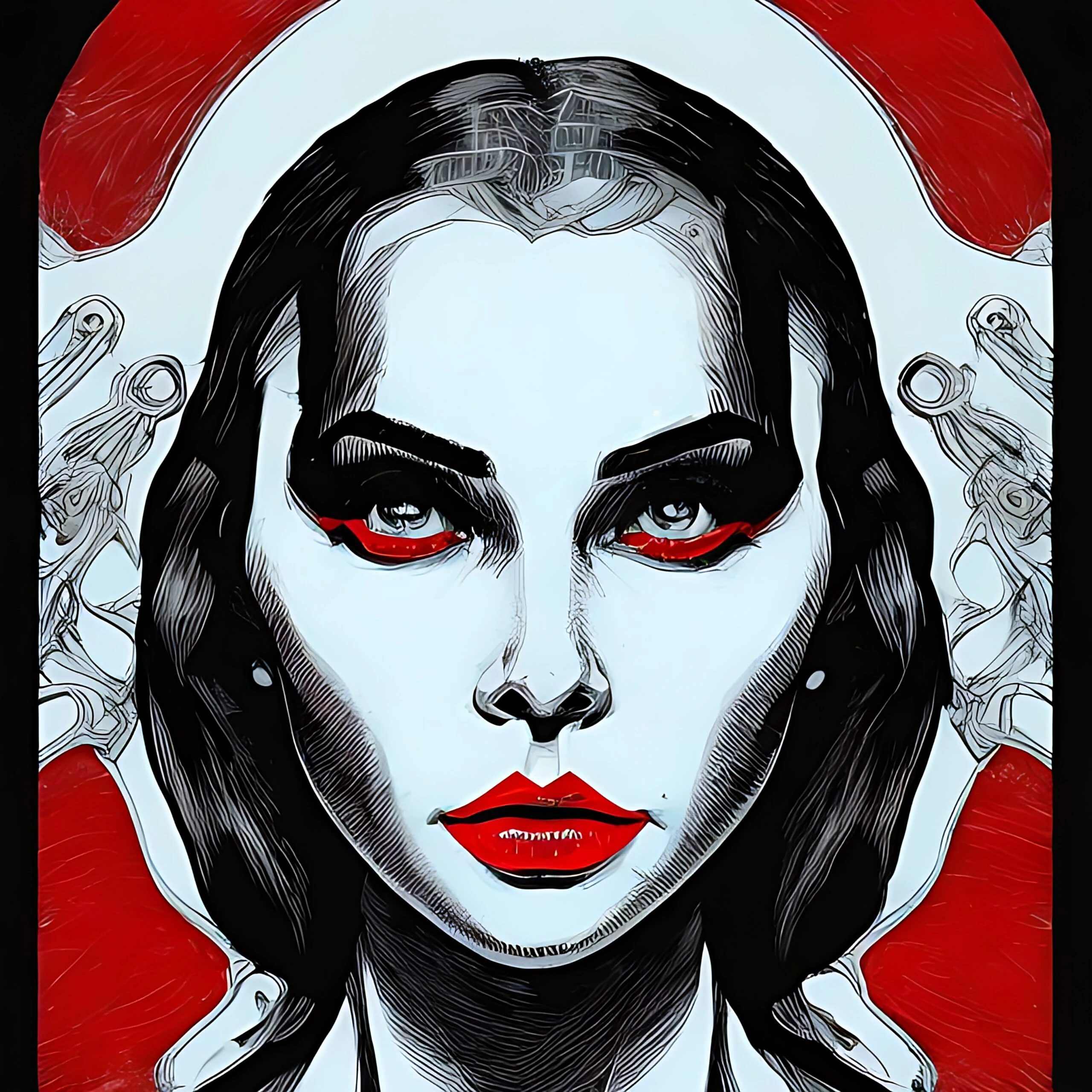 Stylized portrait of a woman in gothic makeup with symmetrical red accents and an expression of deep contemplation.