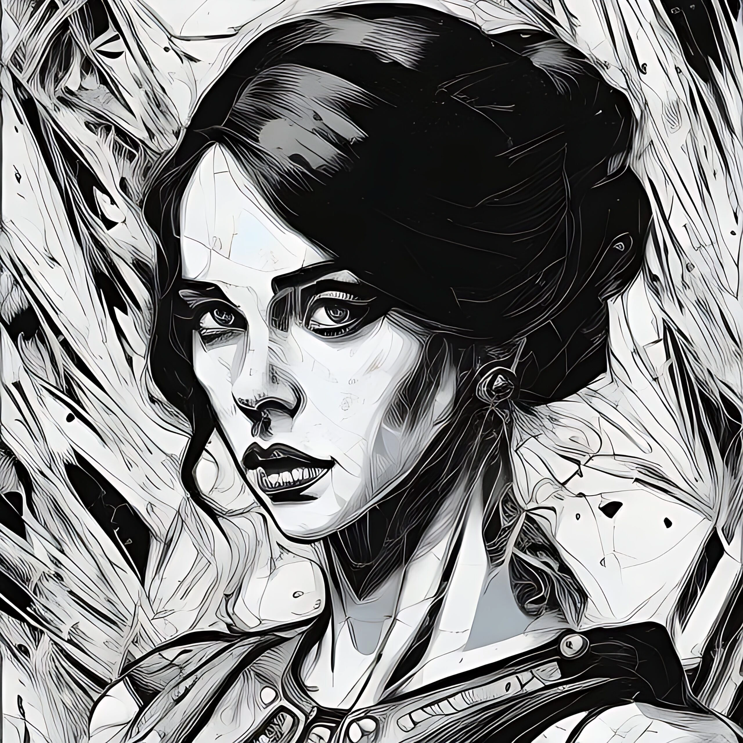 A monochrome portrait of a gothic woman with a dark hairstyle and an intense, pensive expression.