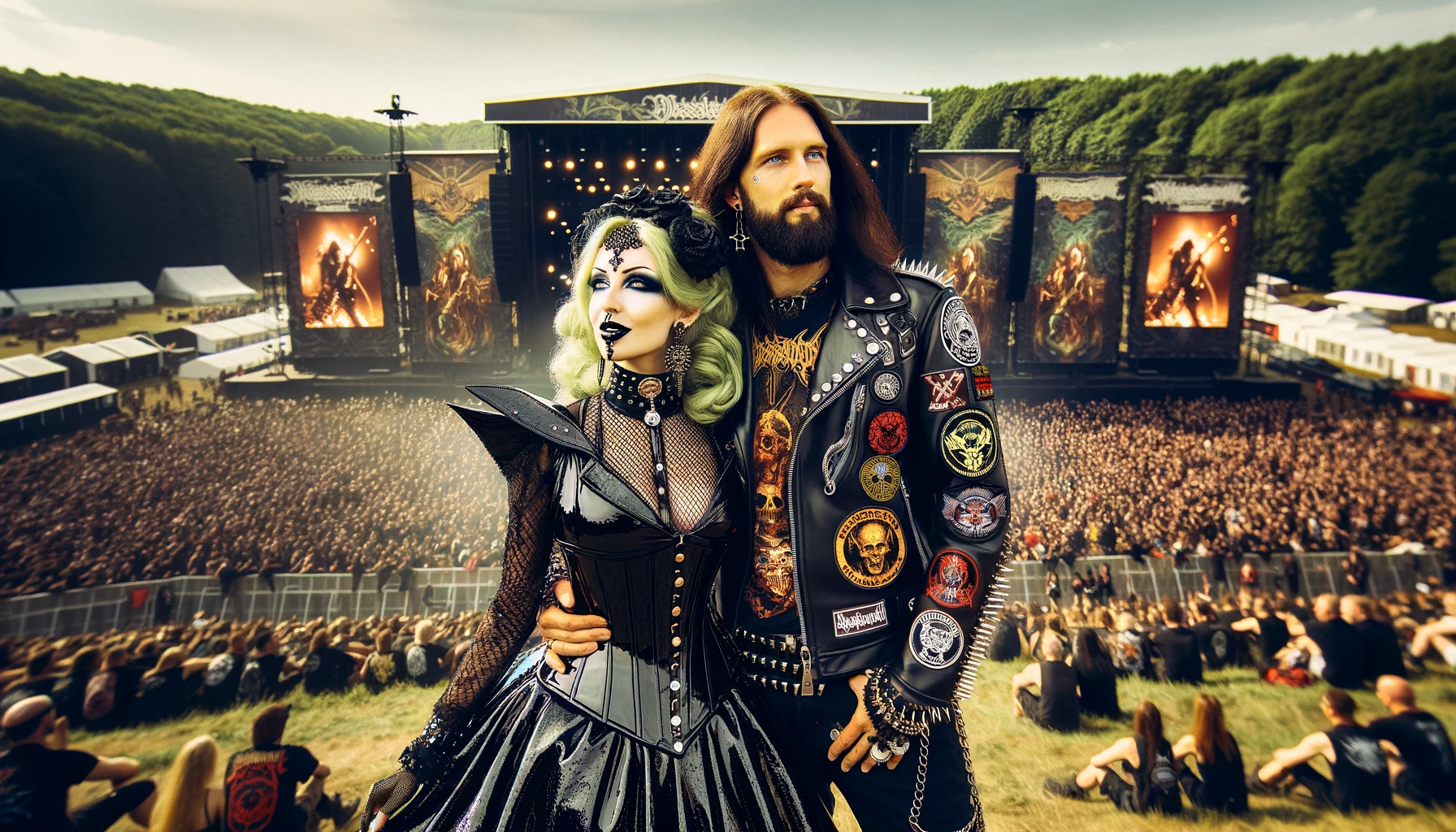 A digitally created scene at Graspop Metal Meeting 2000 with two characters in gothic attire on stage, engaging with the cheering festival audience, showcasing the festival's vibrant heavy metal atmosphere.