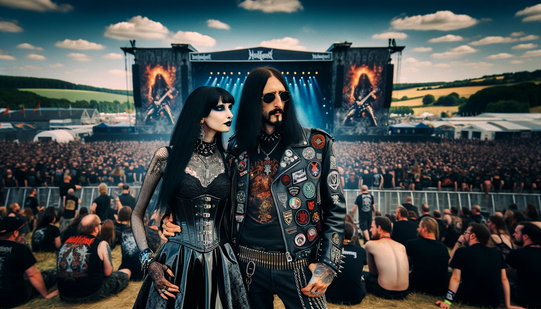 A couple at Hellfest 2011 exemplifying the goth and metalhead subculture with their ornate dark outfits, posing before a massive concert stage.