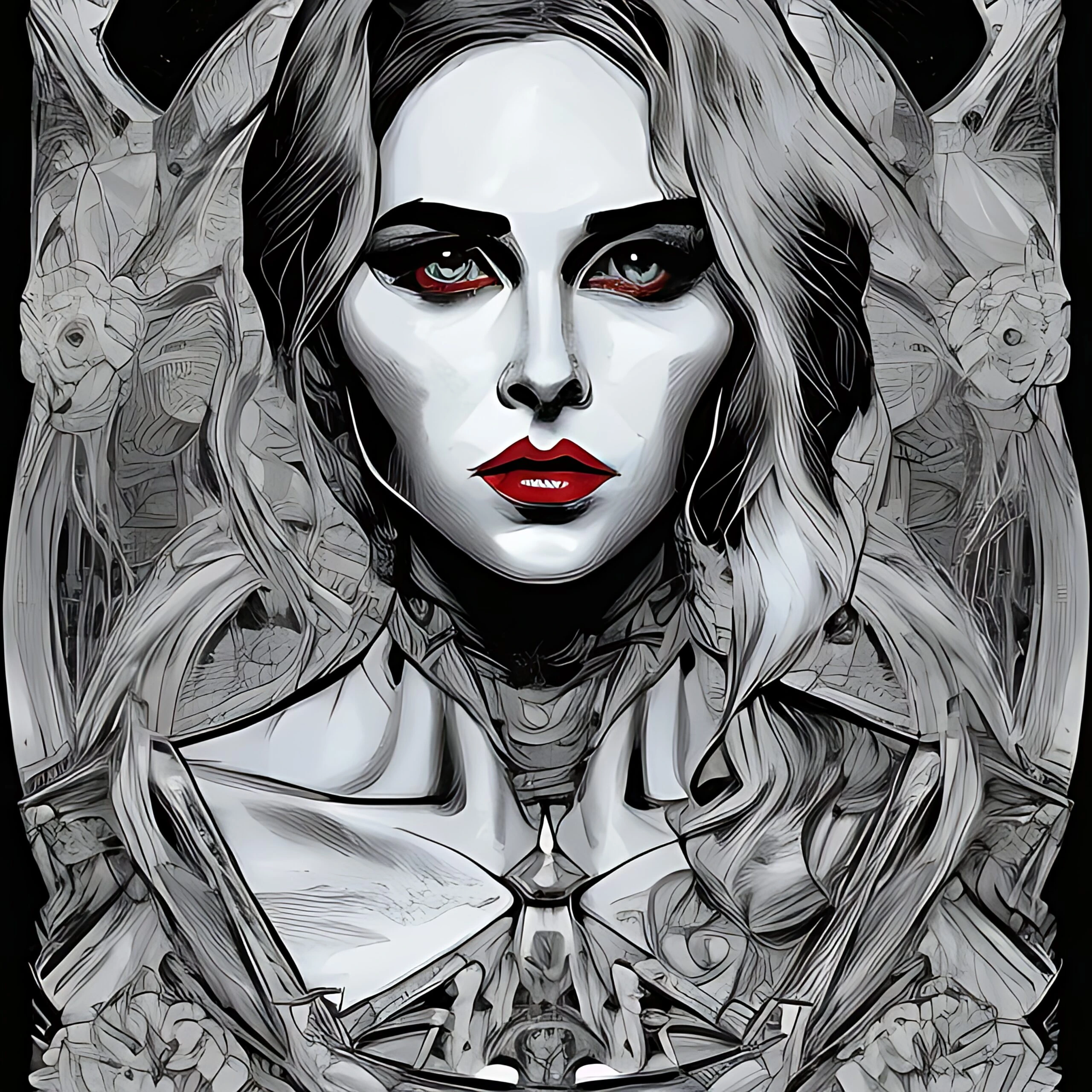 Illustrated portrait of a pale, ethereal gothic figure with red eyes surrounded by intricate floral motifs in grayscale.