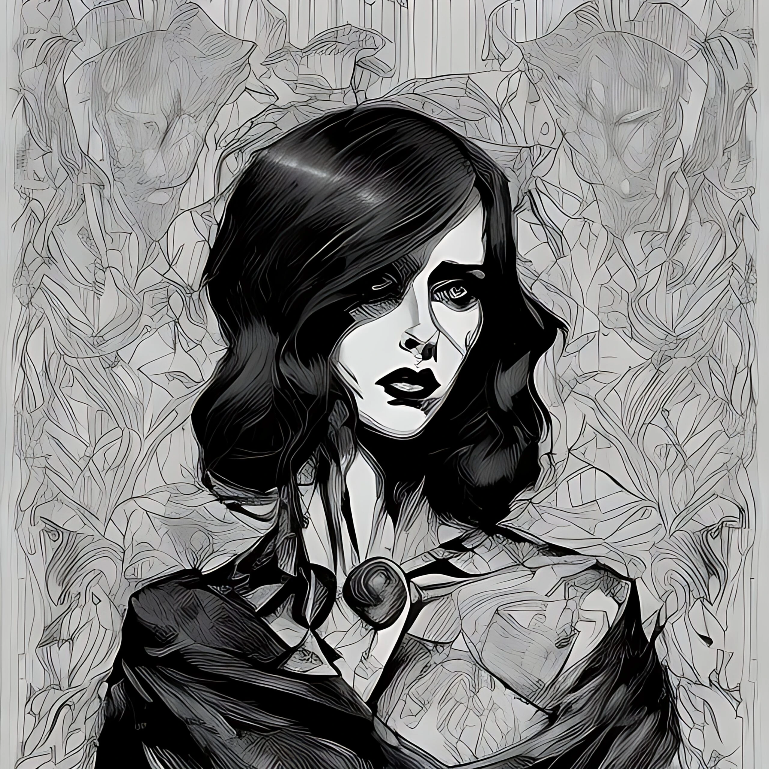 Gothic style digital artwork depicting a woman with a haunting gaze, set against a backdrop of abstract, dark flora.