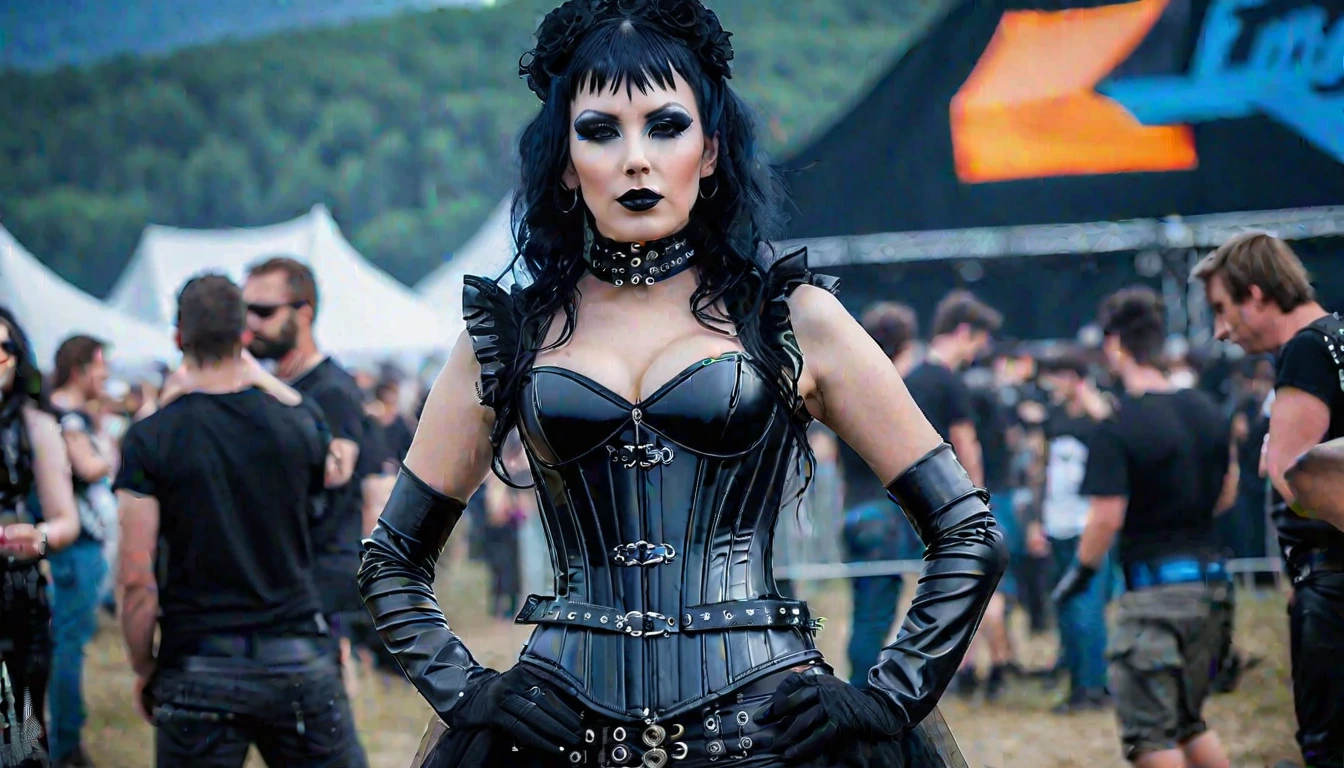 A commanding presence at Hellfest, a gothic woman in a sophisticated corset and layers of black attire, stands out among the festival crowd.