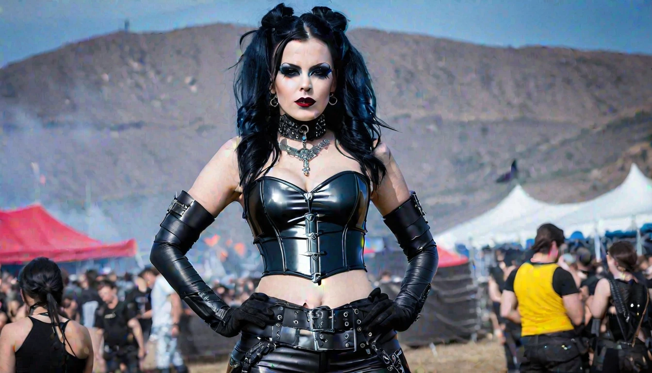 Gothic metalhead in black attire and makeup at Hellfest 2007, with mountains and festival tents in the background.
