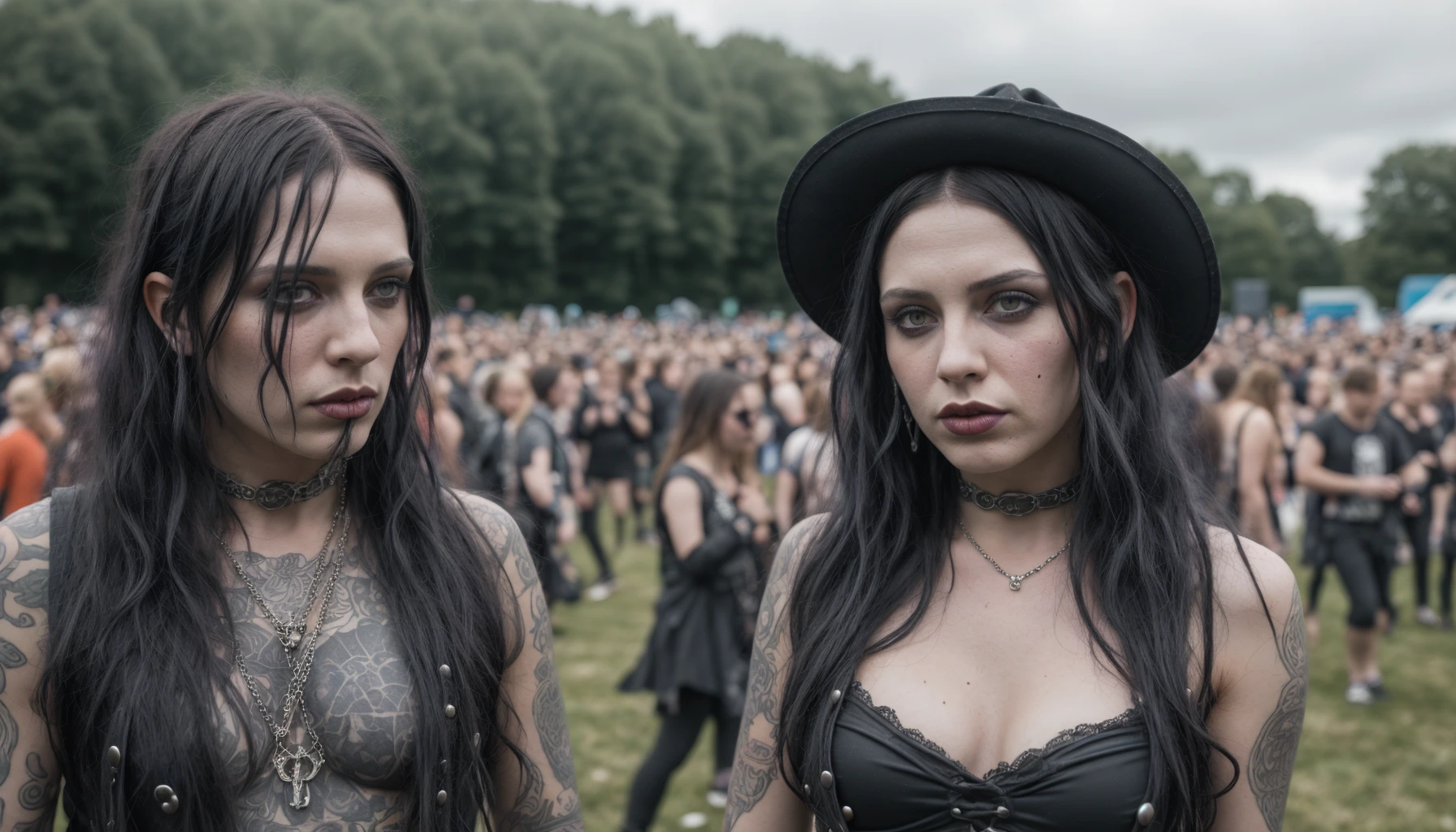 Twin gothic figures stand amidst a crowd at Graspop Metal Meeting 2004, their matching black outfits and tattoos on display, epitomizing the festival's heavy metal culture.