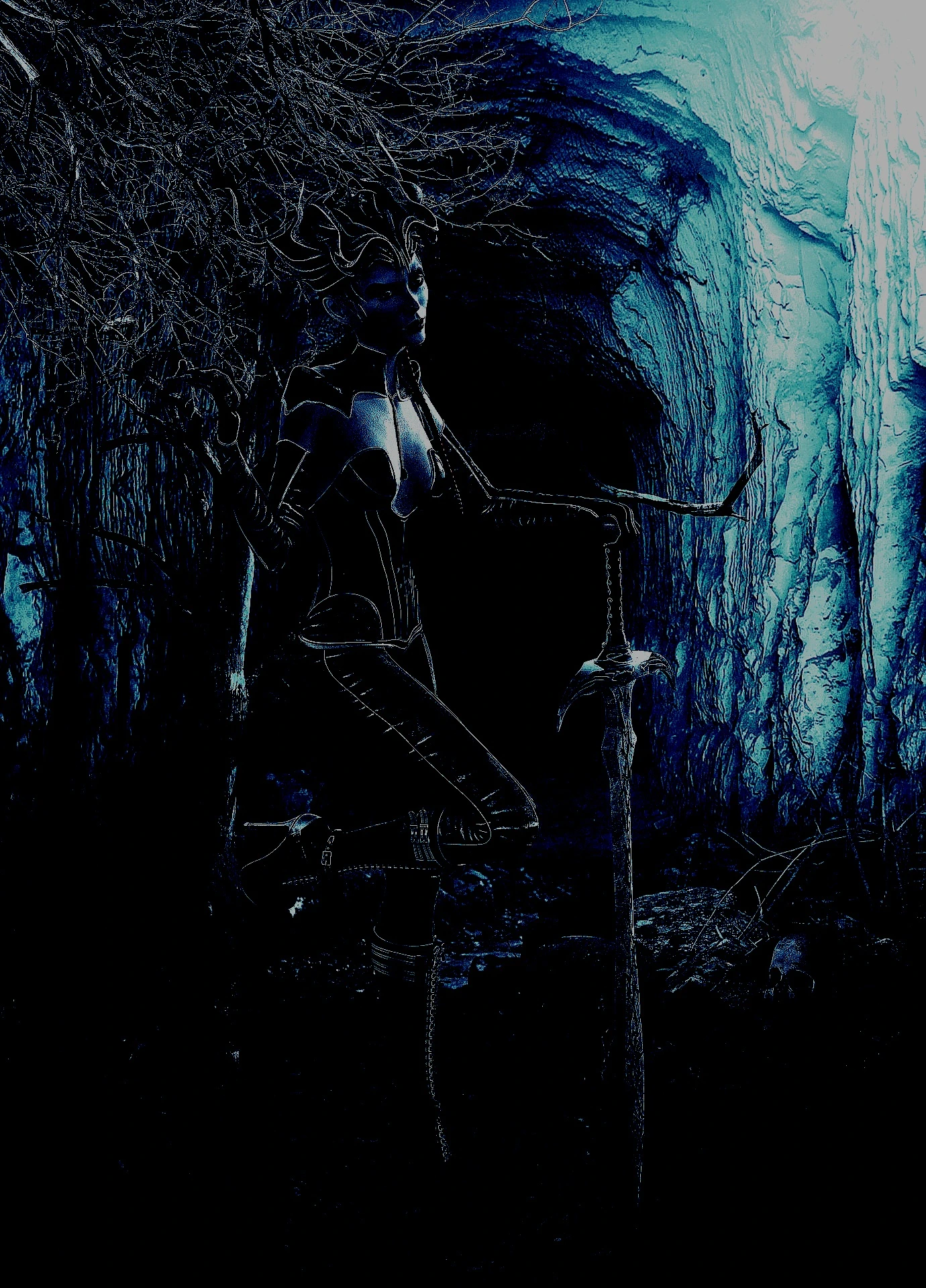 A dark, stylized representation of a warrior in a cavern, wearing tight, black leather pants with intricate designs, paired with armor and holding a battle axe, capturing a fantasy gothic vibe.