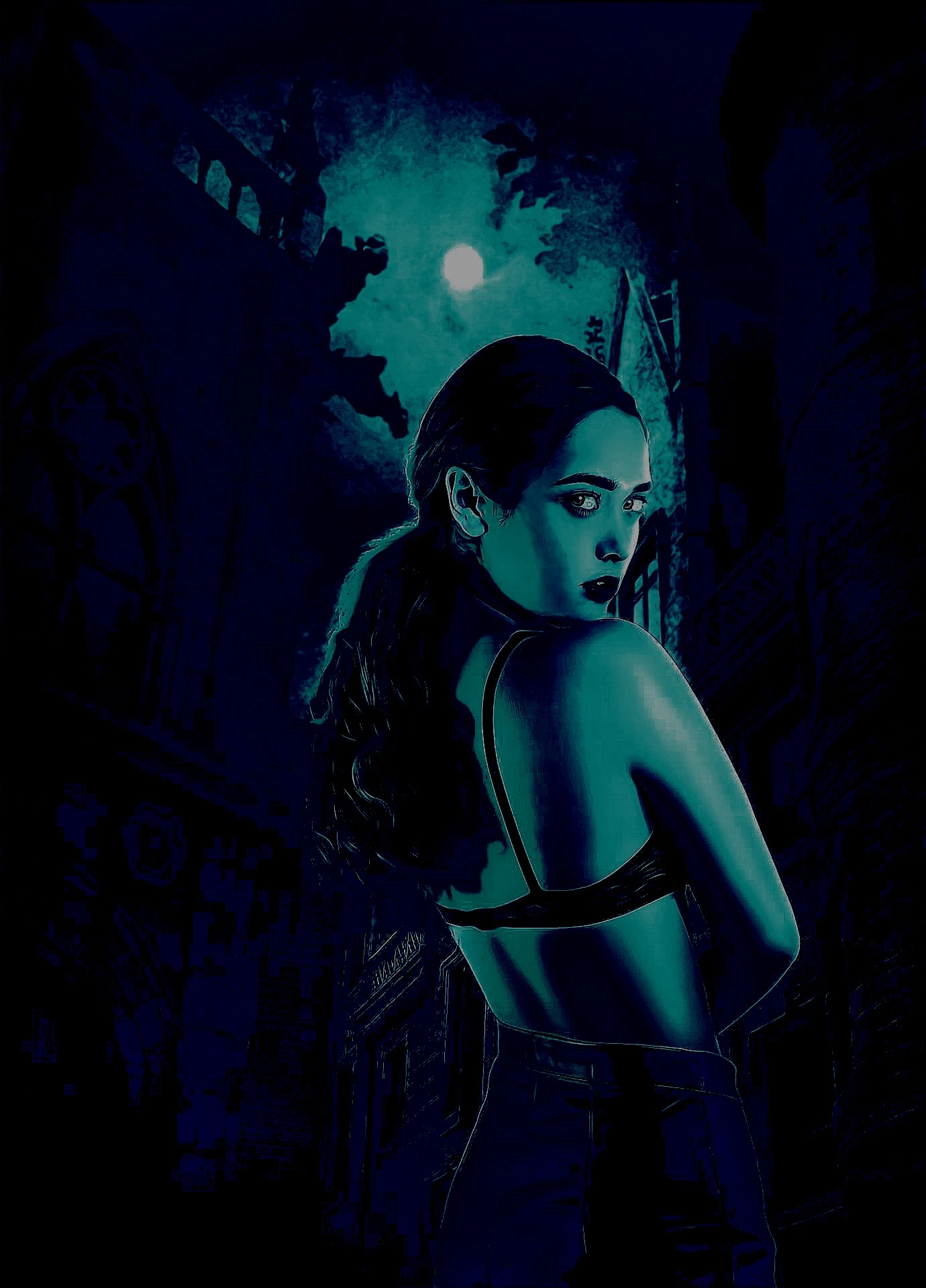 A woman glances over her shoulder against a moonlit gothic backdrop, her form-fitting black pants and bare back top accentuating a modern gothic style.