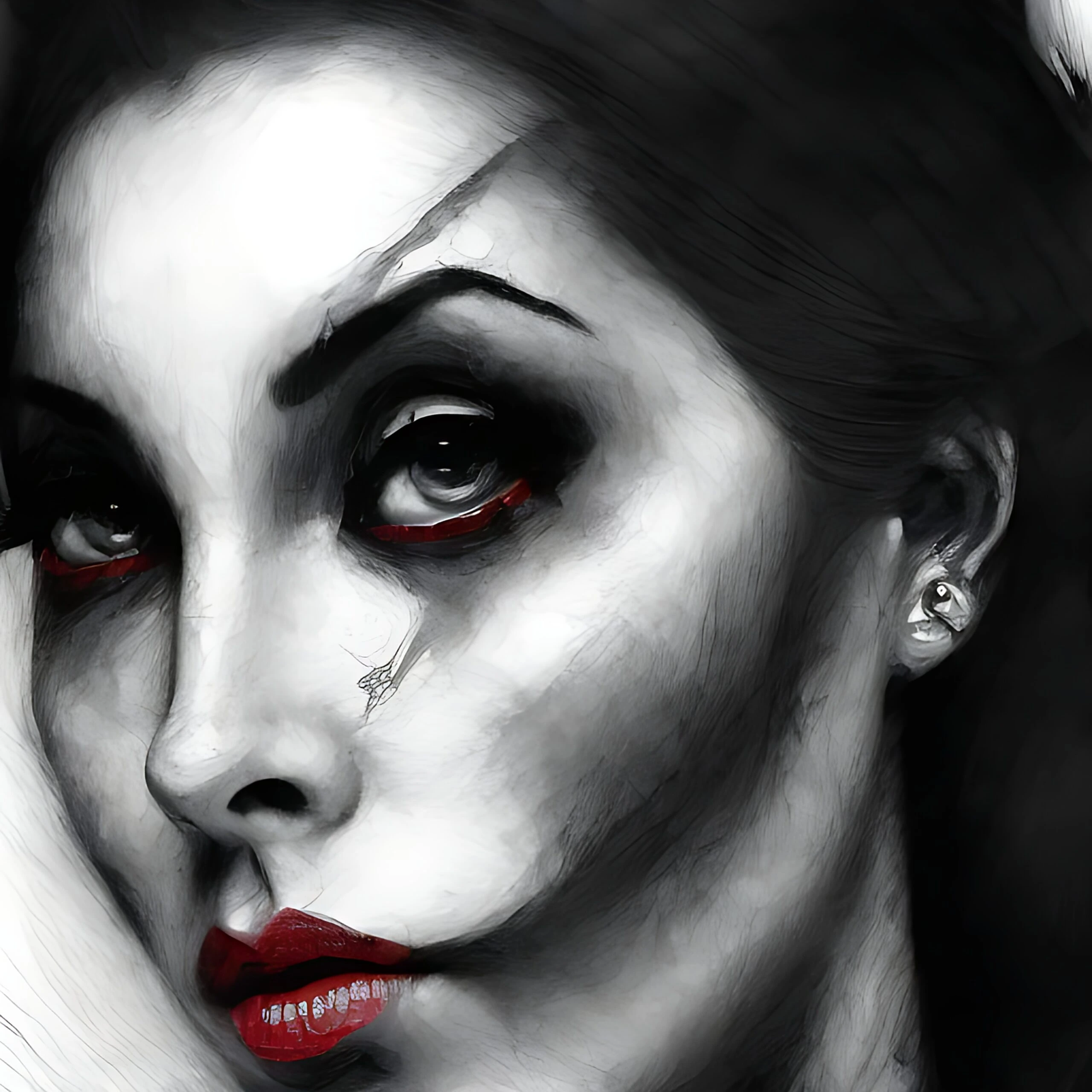 Side-profile of a monochrome woman's face with red accents on her eyes and lips, expressing a thoughtful demeanor.