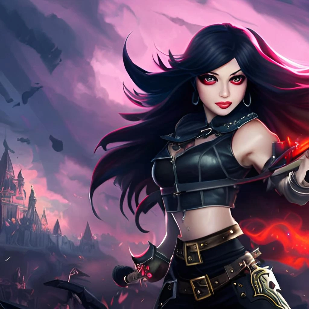 Imaginative illustration of a female assassin in dark leather armor with blue hair and dual daggers, amidst a cloudy backdrop.
