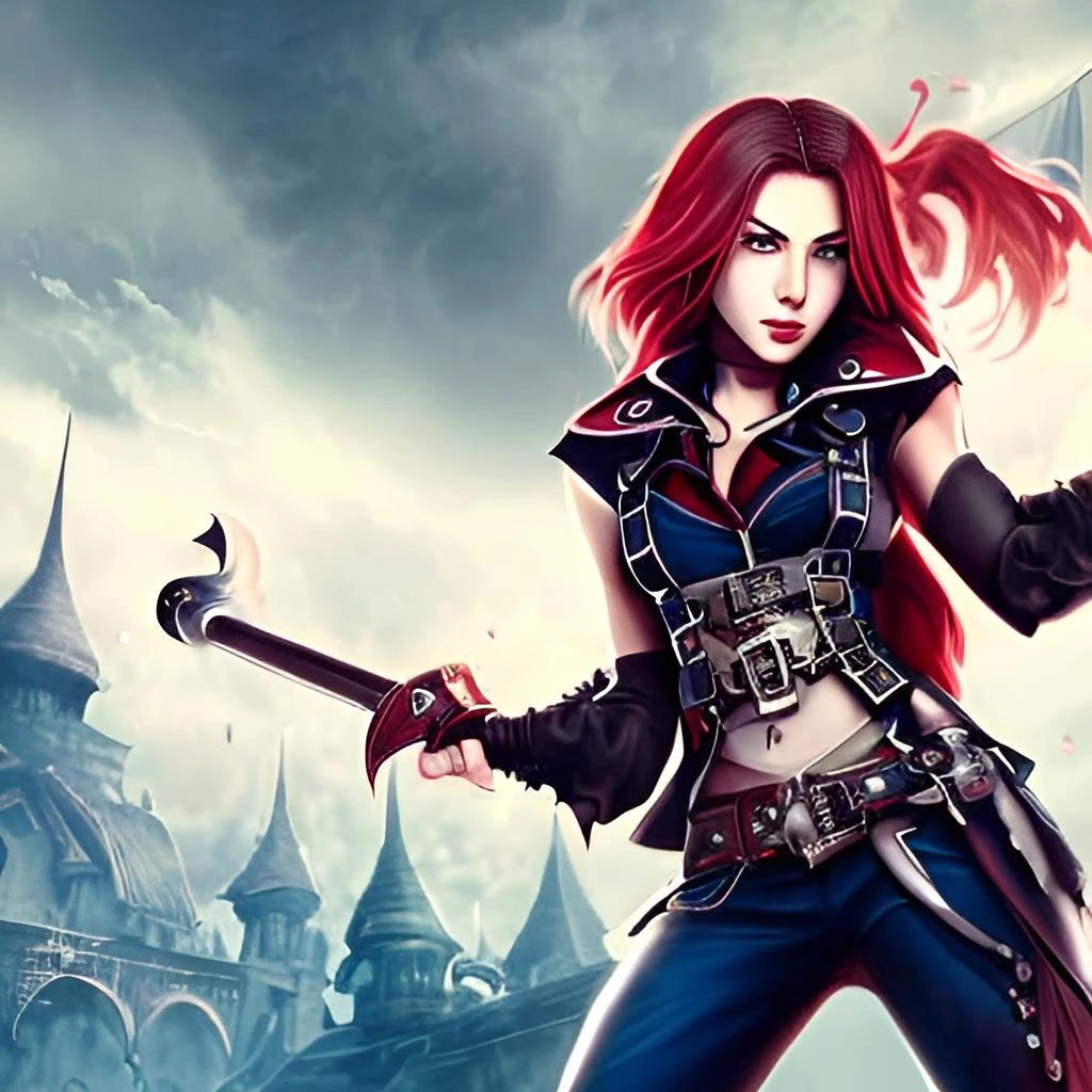 Art depiction of a blue-haired enchantress in black armor with gothic tattoos, against a backdrop of a mysterious spired castle.