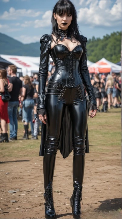 A goth woman in a fitted black outfit captures the essence of Dynamo Metal Fest 1988, standing tall and confident amidst the festival's charged atmosphere.