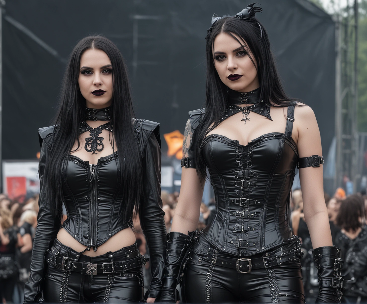 Twin gothic figures at Dynamo Metal Fest 1997, their symmetrical black leather outfits and poised stances highlighting the festival's embrace of goth fashion.