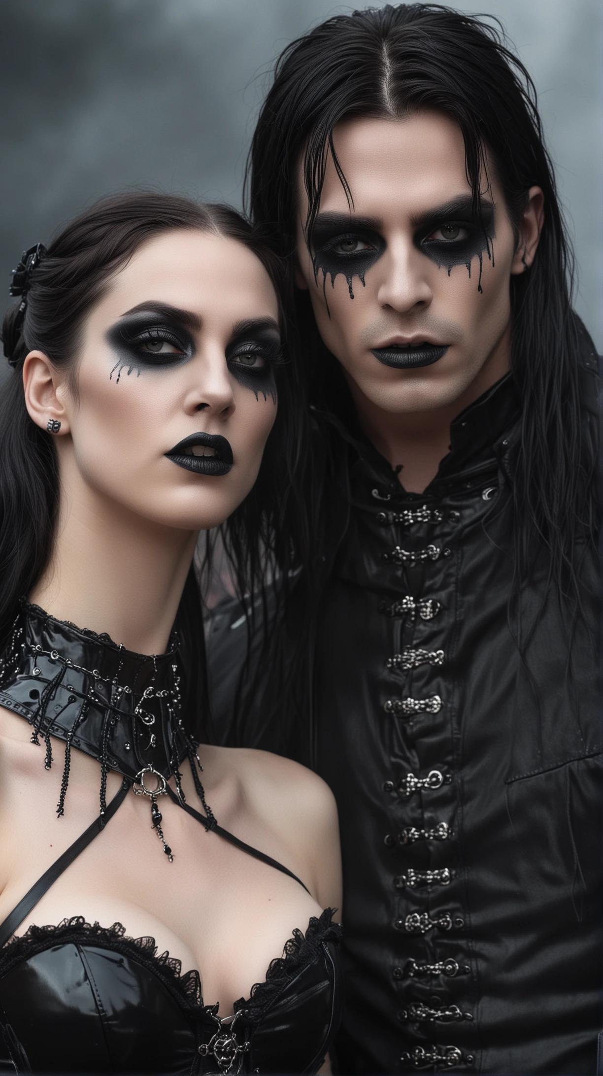 Bloodstock 2006: A gothic couple standing close together; the man wears a black leather jacket with silver detailing, and the woman dons a black bustier with lace and chains, both featuring dark, smudged eye makeup that appears to drip, adding to their dark allure.