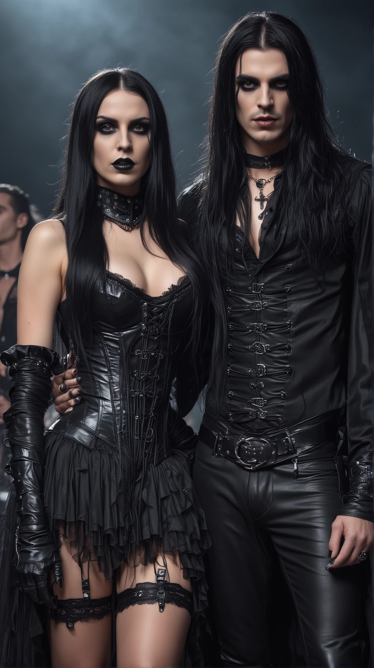 A gothic couple posing confidently, with the man in a long leather coat and the woman in a lace-adorned black corset, amidst a dark, moody atmosphere.