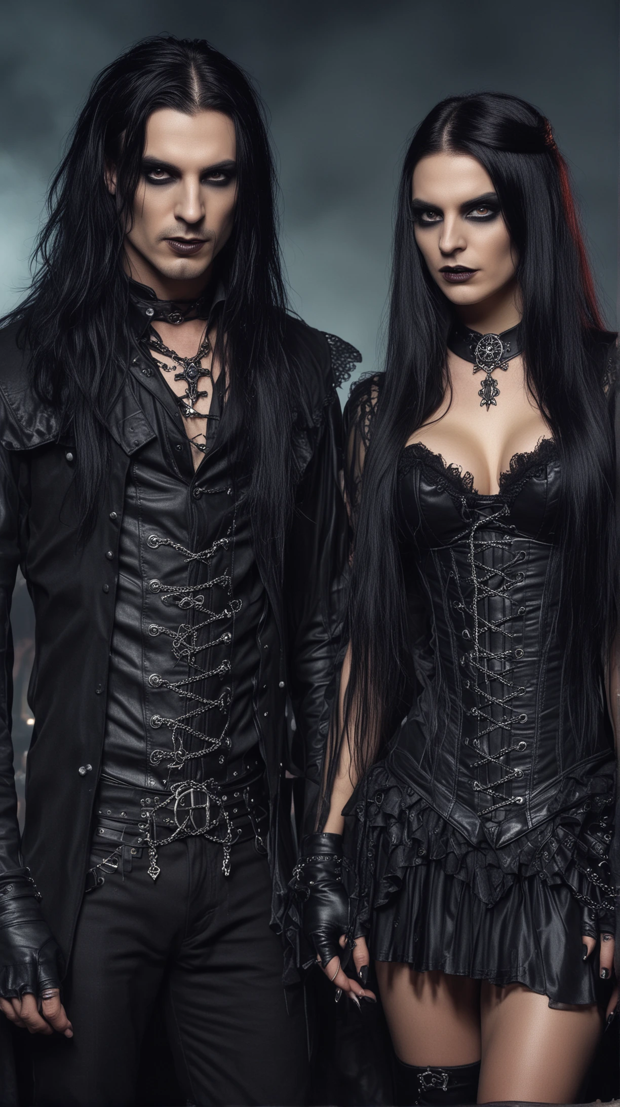 A man and a woman in gothic attire, featuring chains and leather, with a moody, overcast sky in the background, evoking the essence of Leyendas del Rock.