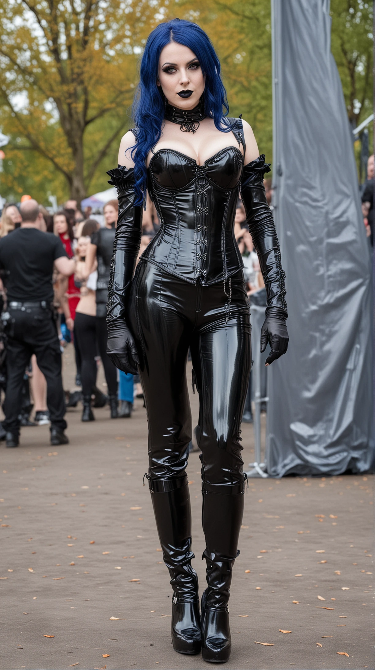 Woman with blue hair in gothic black corset and PVC pants at Arvika Festivalen 2007, with festivalgoers in the background