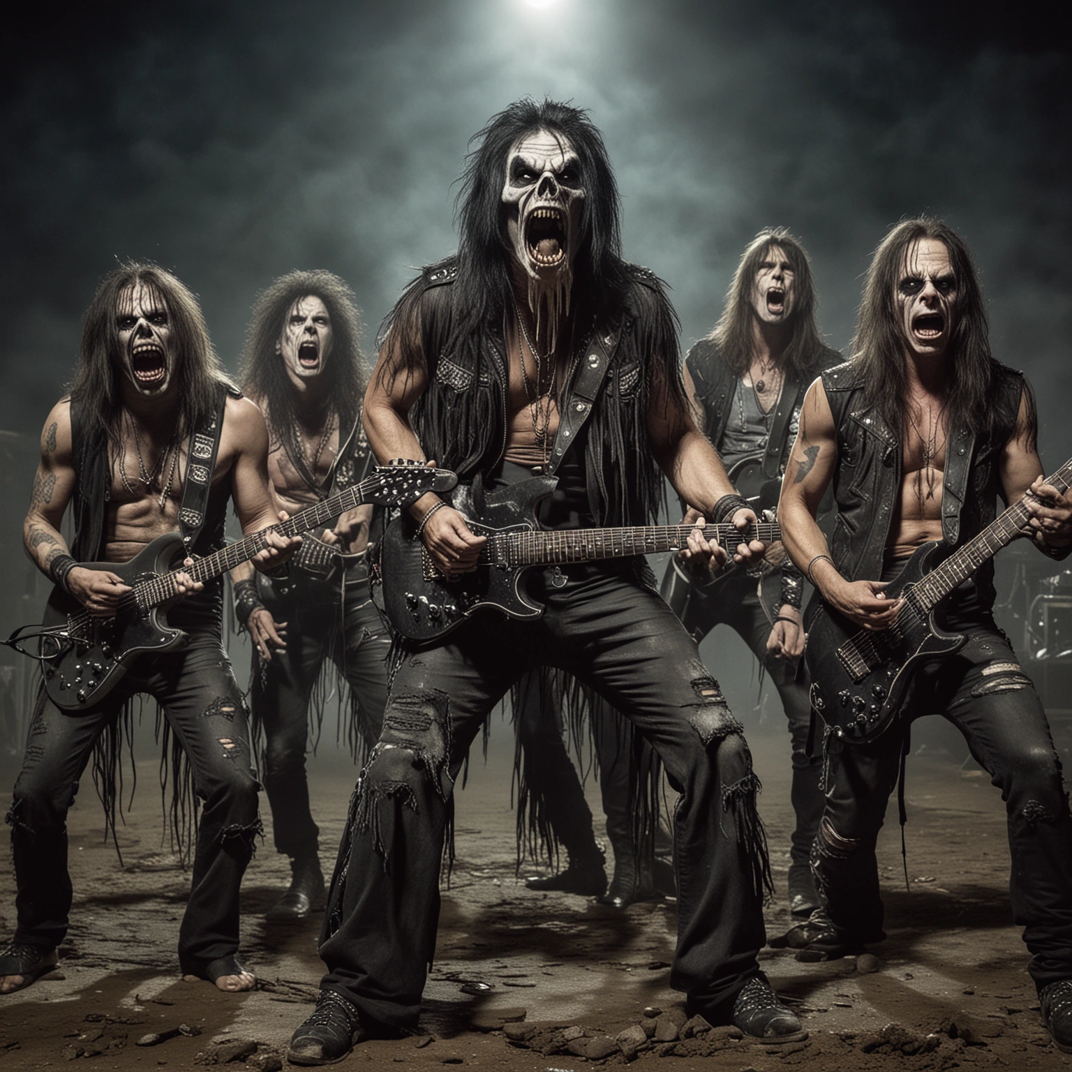 Ghoulish shock rock band in action, lead singer with skull makeup howling, surrounded by bandmates with electric guitars.