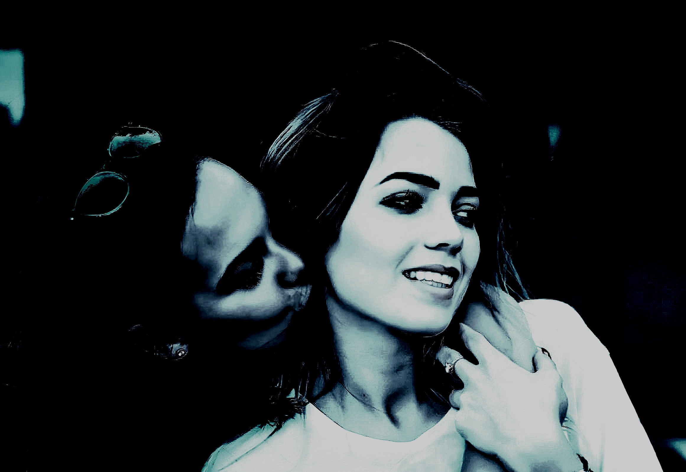 Gothic image of a woman receiving a ghostly kiss, suggesting a lesbian connection.