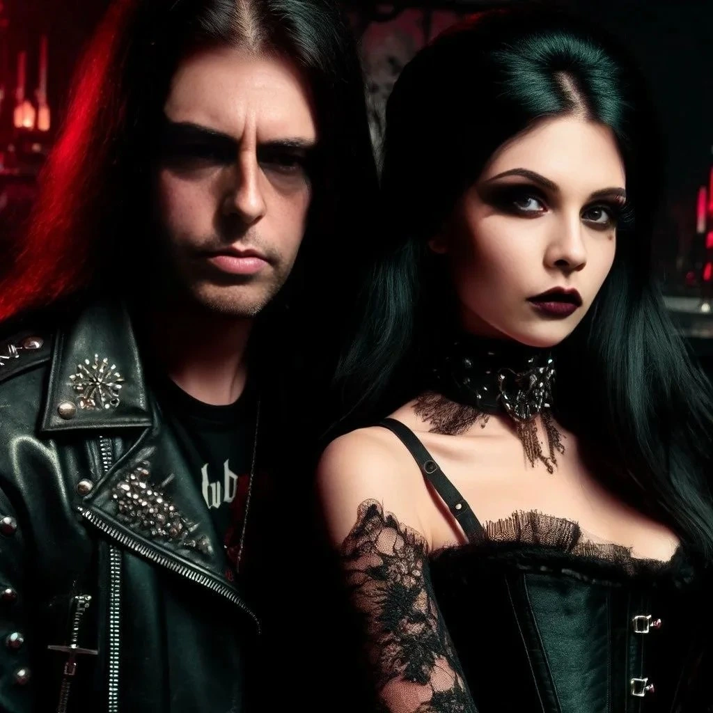 Midnight Chords: A goth man and woman in a bar, dressed in black with silver jewelry, the man with a stern expression and the woman gazing intently
