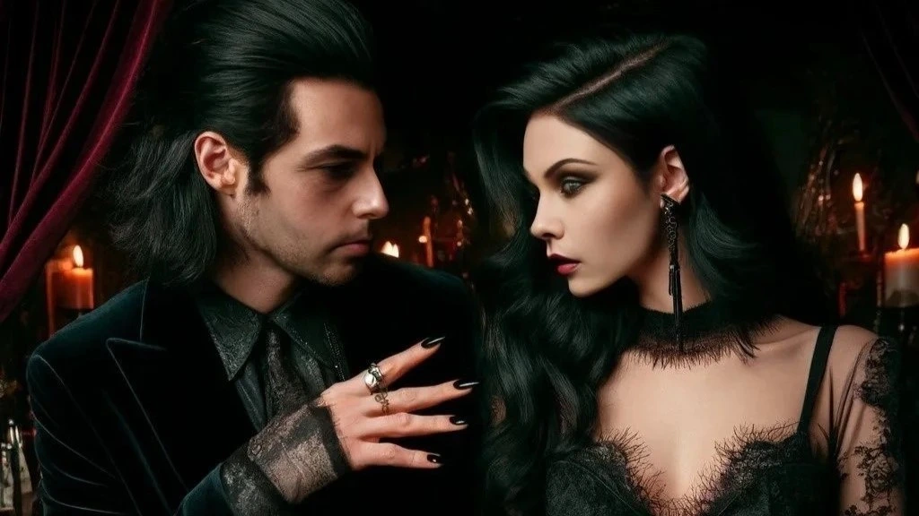 Midnight Chords: A gothic couple in an intimate pose, man with a black velvet jacket gazing thoughtfully while a woman in lace attire looks away.