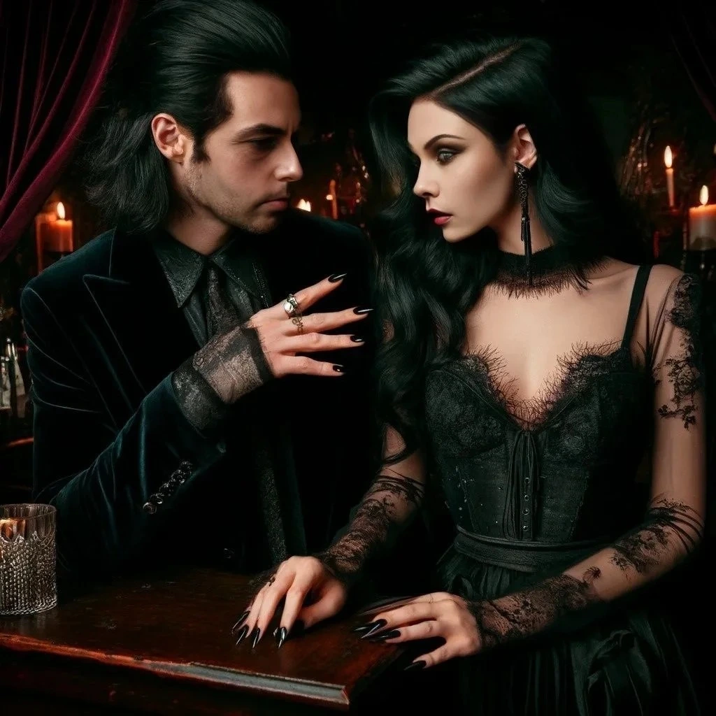Midnight Chords: Elegant gothic couple at a bar, the man with a contemplative expression touching the woman's hand, both adorned in dark, luxurious clothes.