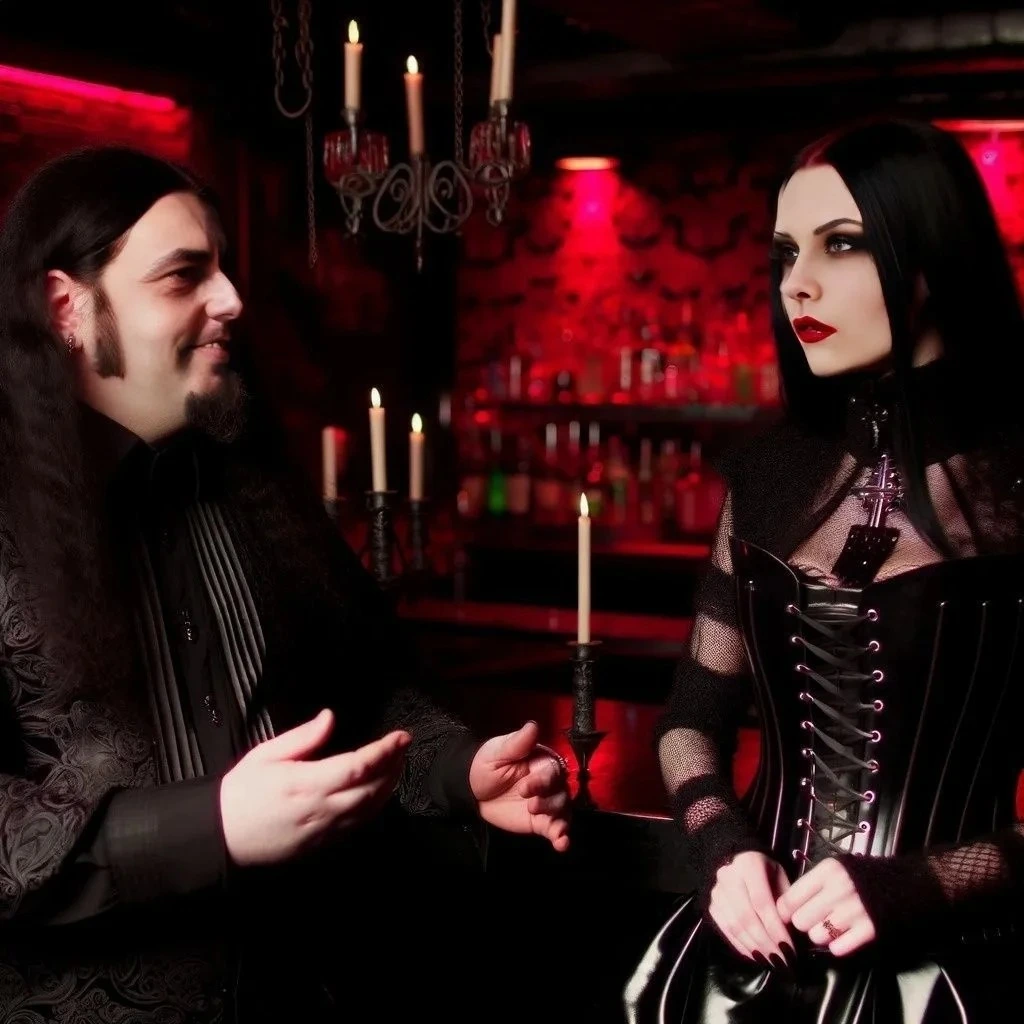 Midnight Chords: A gothic man and woman conversing at a bar, man in a leather jacket and woman in a corset, surrounded by candles and red ambiance.