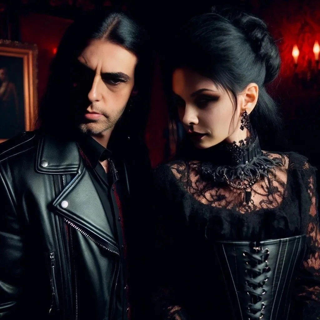 Intimate moment between a goth couple at a bar, man in a leather jacket and woman in a lace dress, both with serious expressions.
