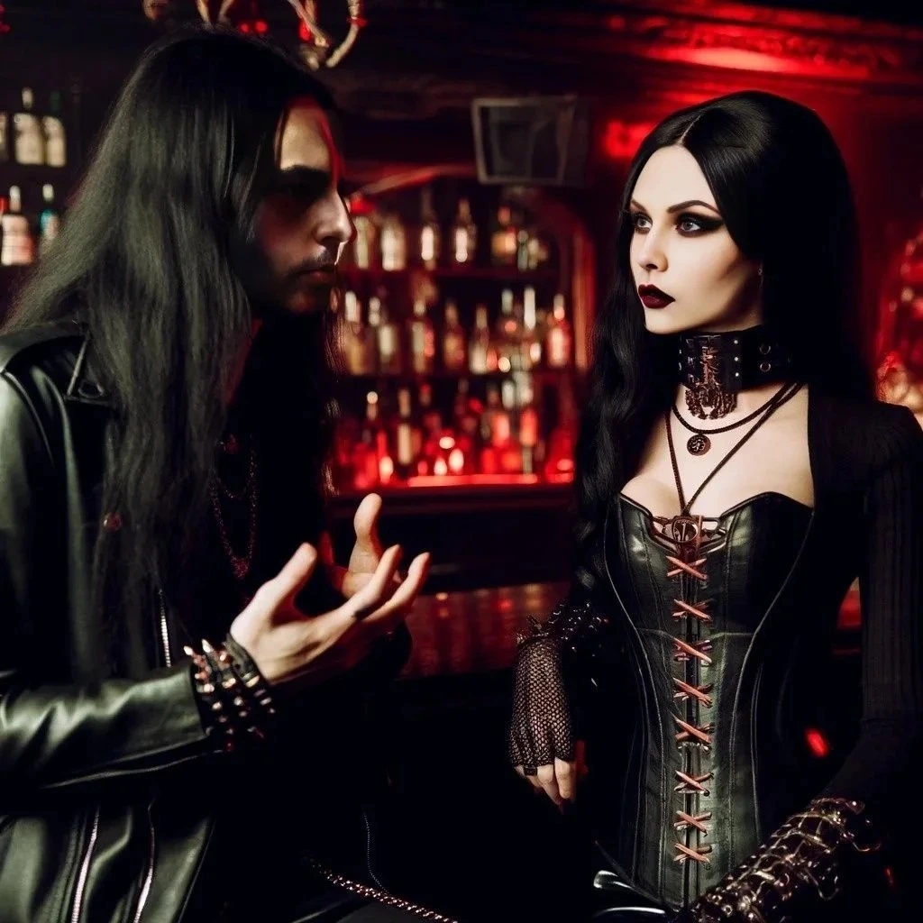 Goth man and woman at a dimly lit bar, both dressed in black and immersed in a deep, expressive conversation.