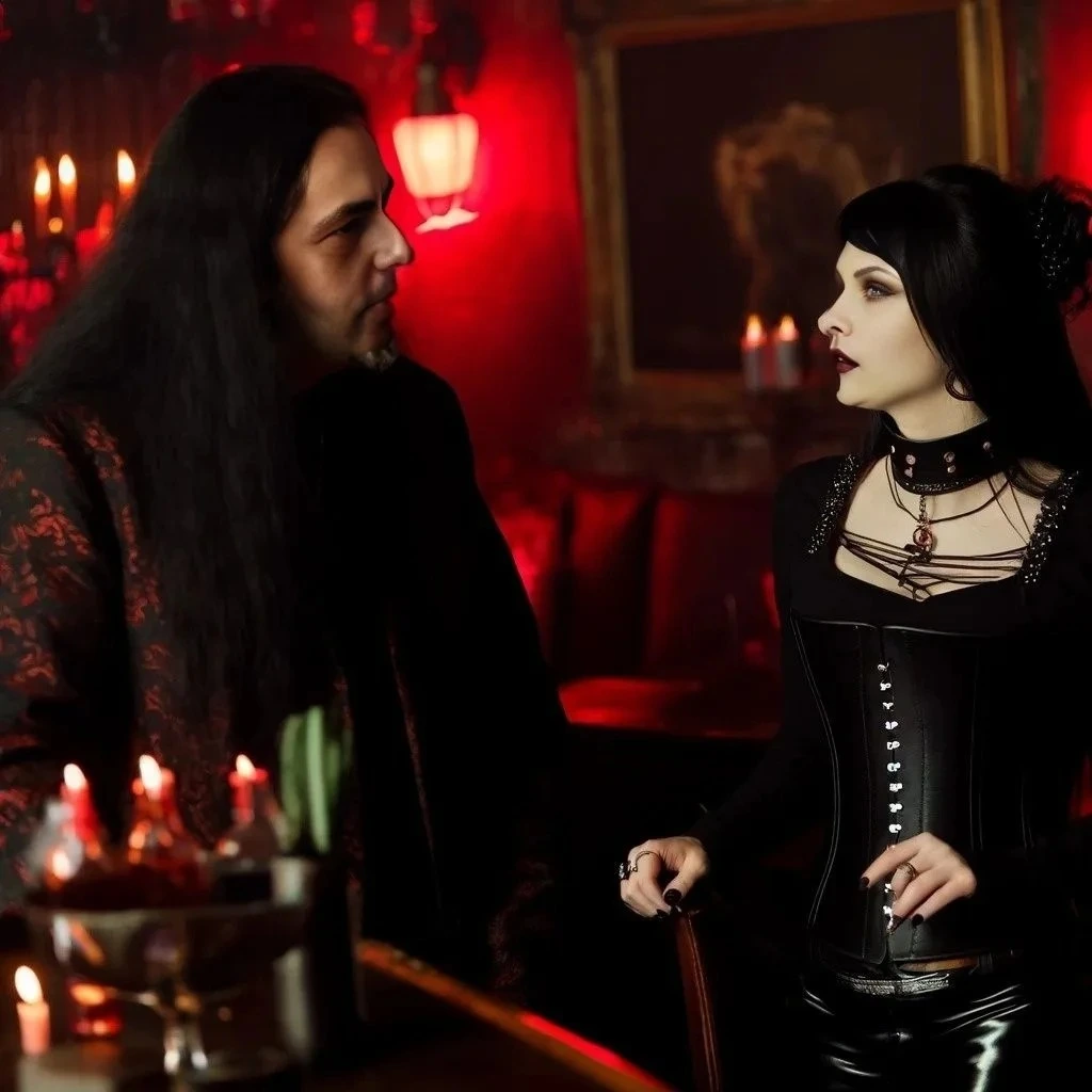 Gothic couple in a bar, with a man in a black floral shirt and a woman in a corset, engaged in an intense conversation.