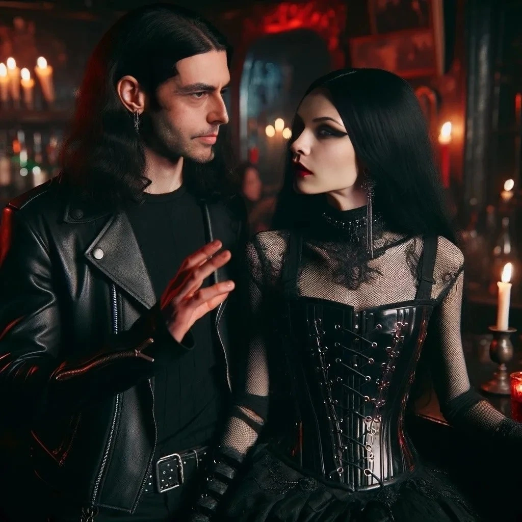 Goth man and woman facing each other, the man with a black leather jacket and silver rings speaking to the woman in a corset and mesh.