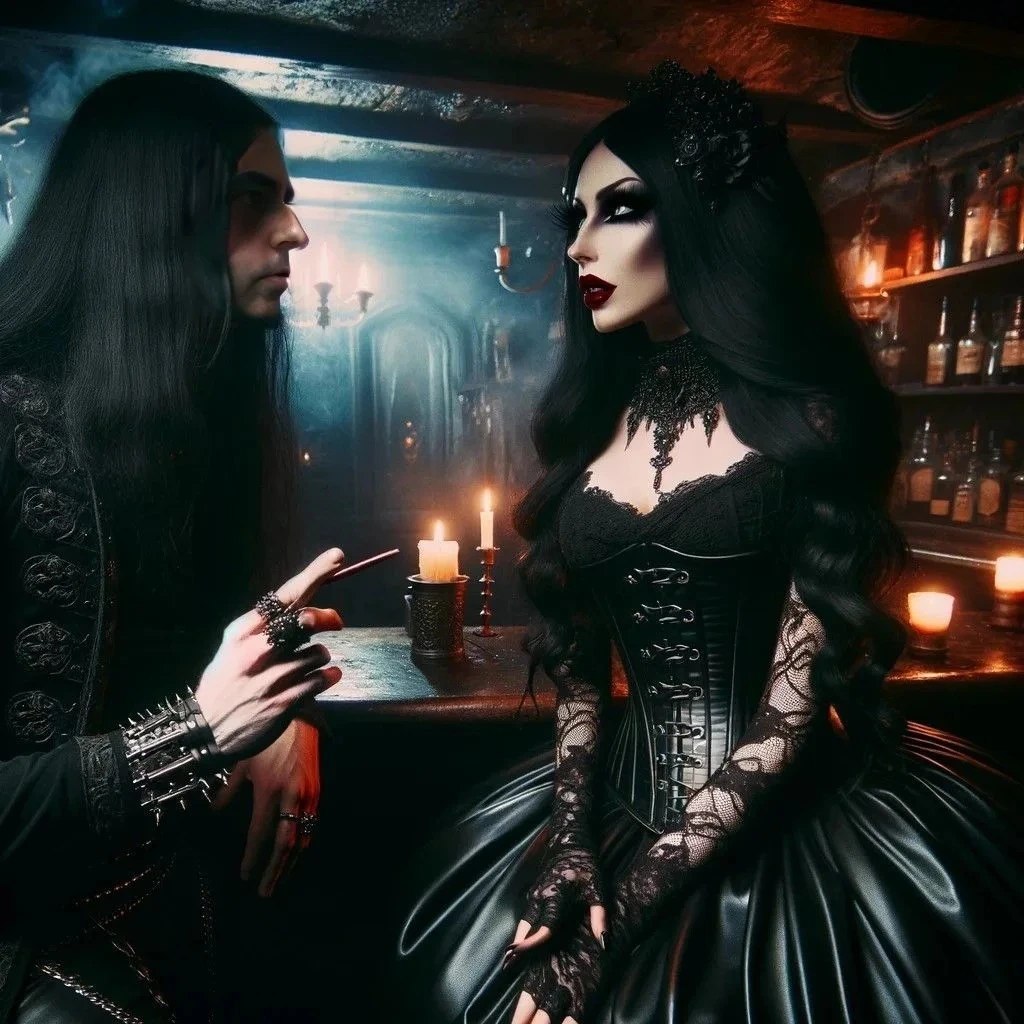 Goth couple in a moody bar setting, man dressed in black with long hair speaking to a woman in a lace-detailed dress and gothic choker.