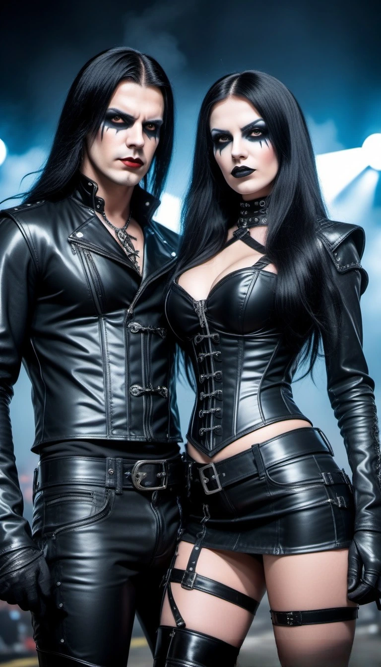 An image showcasing goth fashion at Bloodstock, with a woman in a corset and man with eye makeup, both in sleek black leather, under a blue-hued stage light.