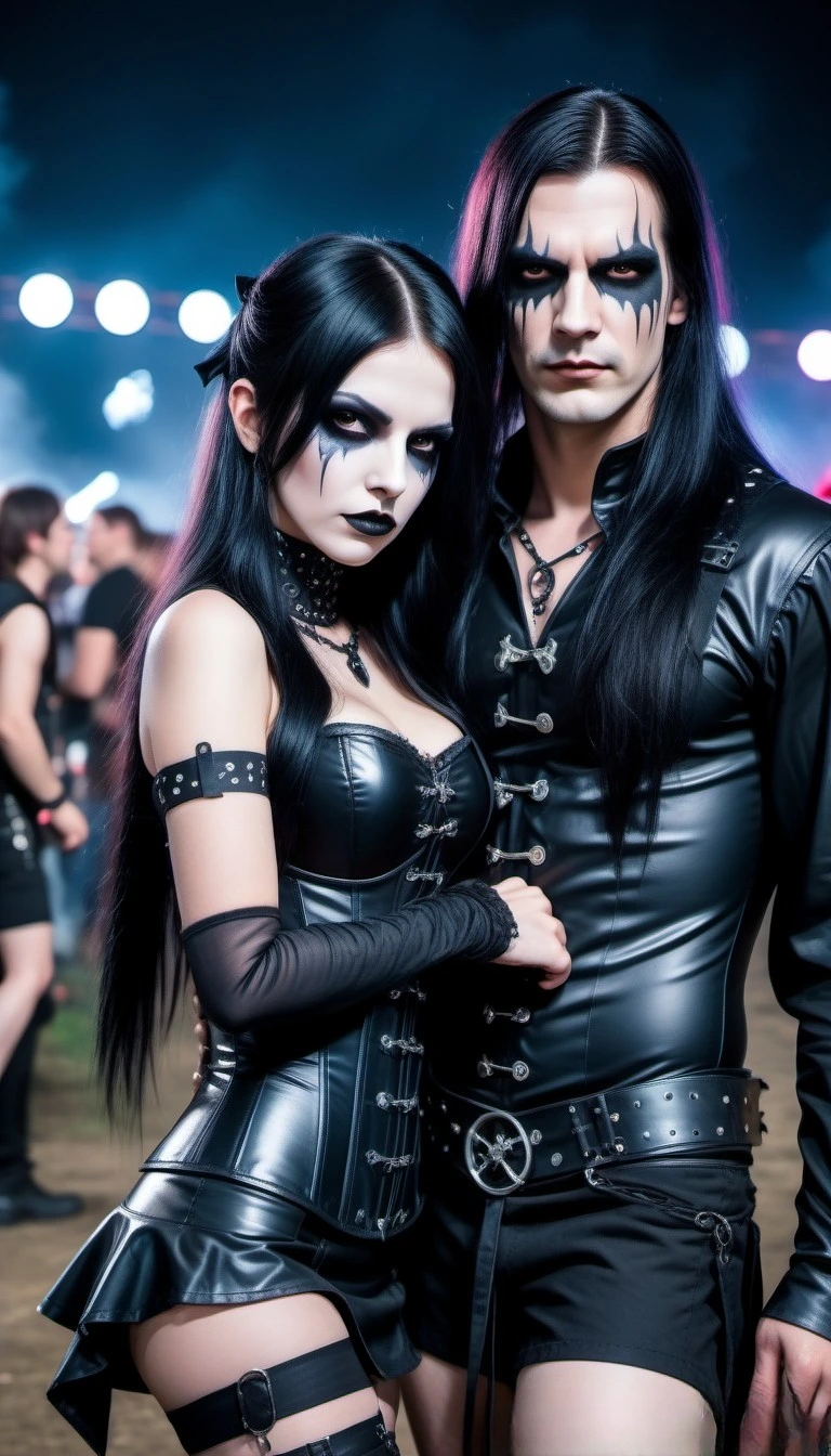 A couple at Resurrection Fest 2020 with dramatic black makeup, the woman in a black corset and arm bands, the man in a leather vest and pants.