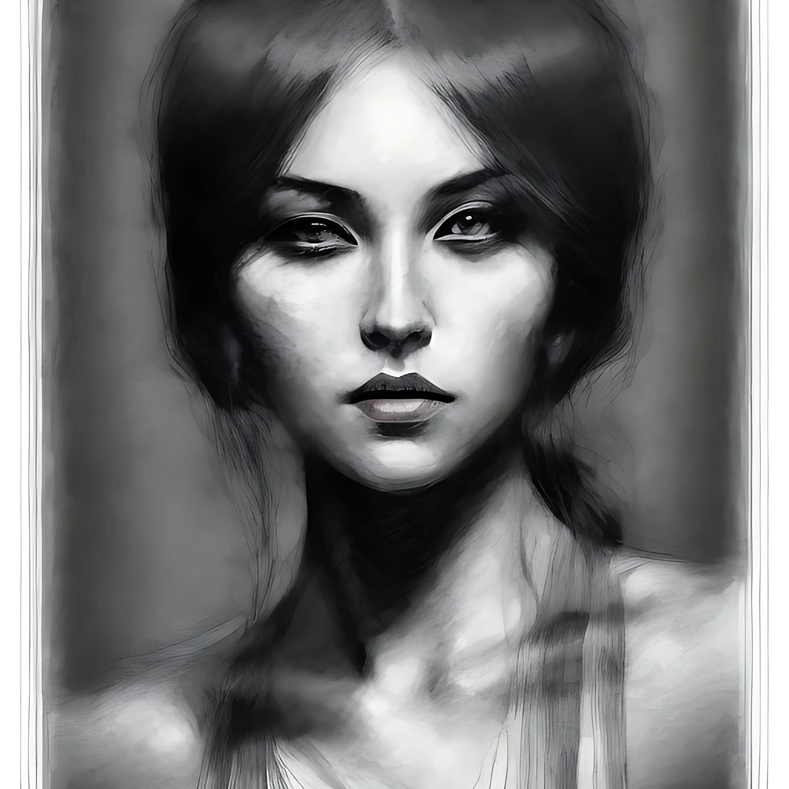 Dramatic monochromatic image of a woman gazing forward with a shadowed face and a neutral, contemplative expression.