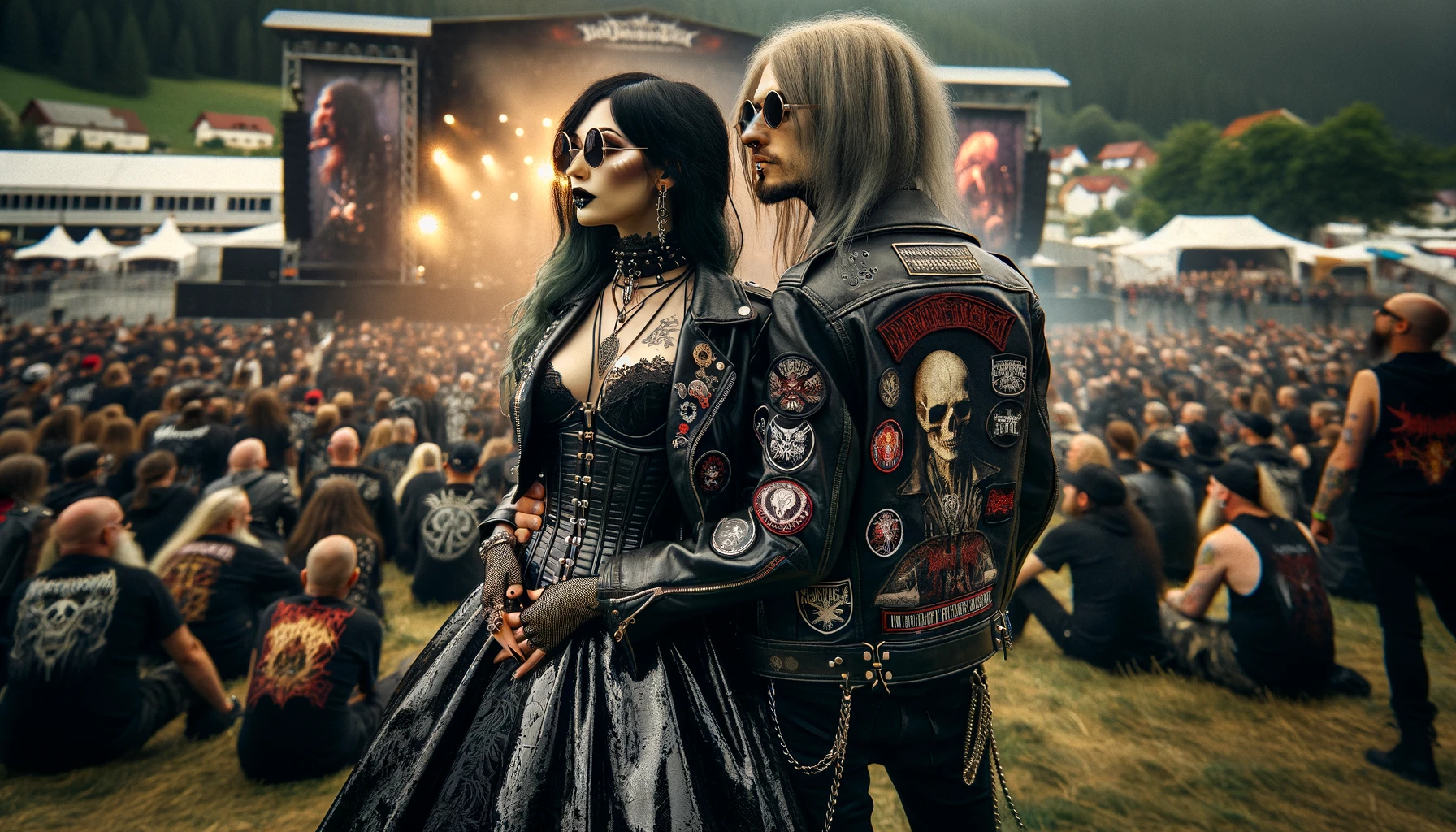 A gothic couple at Dynamo Metal Fest 1996, the woman in an ornate black corset dress and the man in a leather jacket adorned with band patches, embodying the festival's heavy metal ethos.