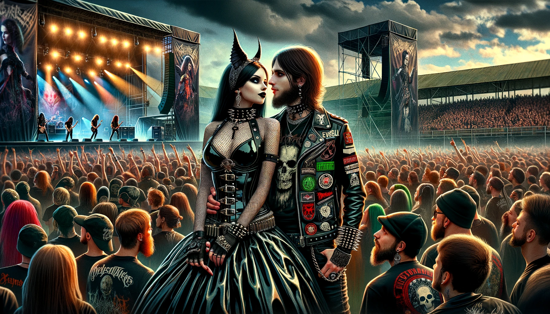 A vivid illustration of a gothic couple at Dynamo Metal Fest 1986, with the man and woman dressed in dark, elaborate goth attire, expressing the raw energy of the festival.