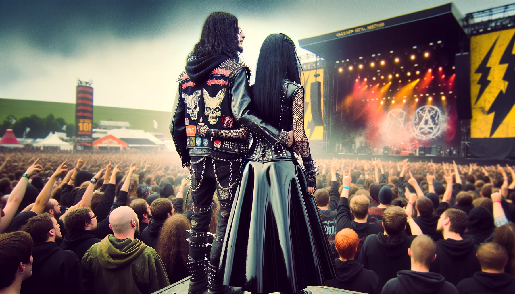 A couple perched above the Graspop Metal Meeting 2011 crowd, embracing the festival spirit in elaborate goth and metal fashion, overlooking the stage and audience.
