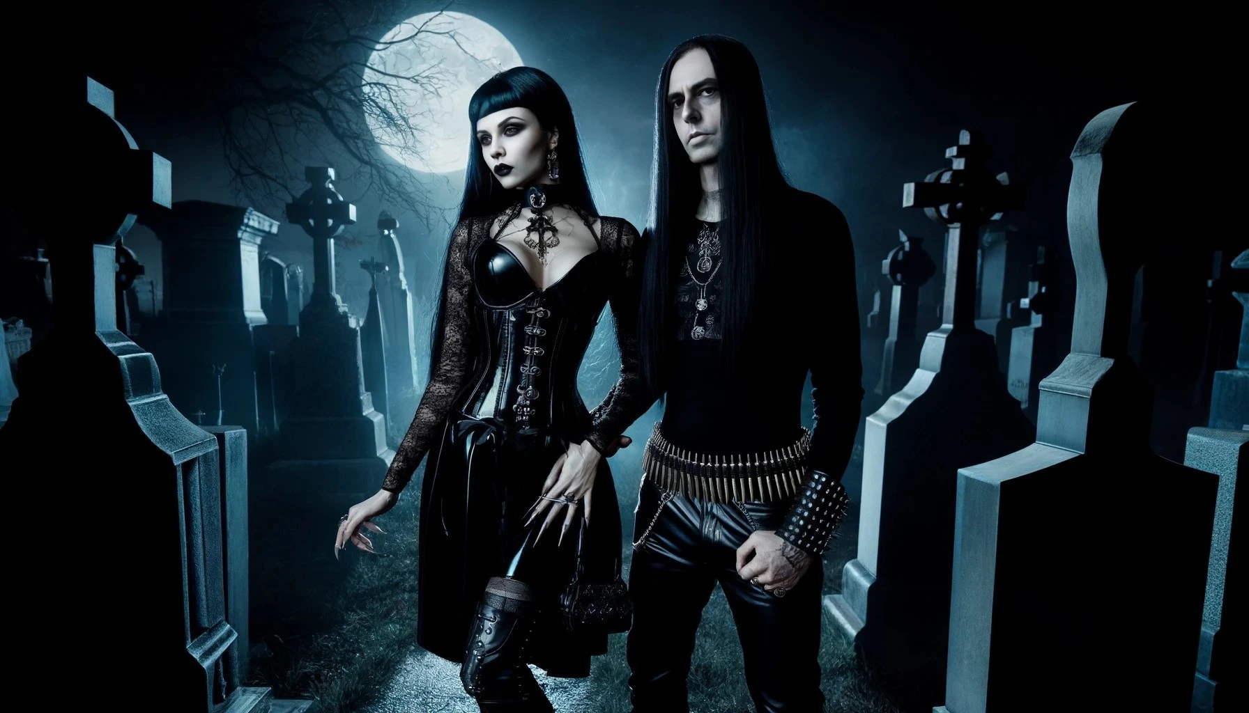 A gothic couple stands poised in a moonlit cemetery, the woman dressed in an elegant black corset and lace, with ornate jewelry, the man in black with studded leather accents, both exuding a dark, romantic aura amidst the backdrop of tombstones and ethereal fog.