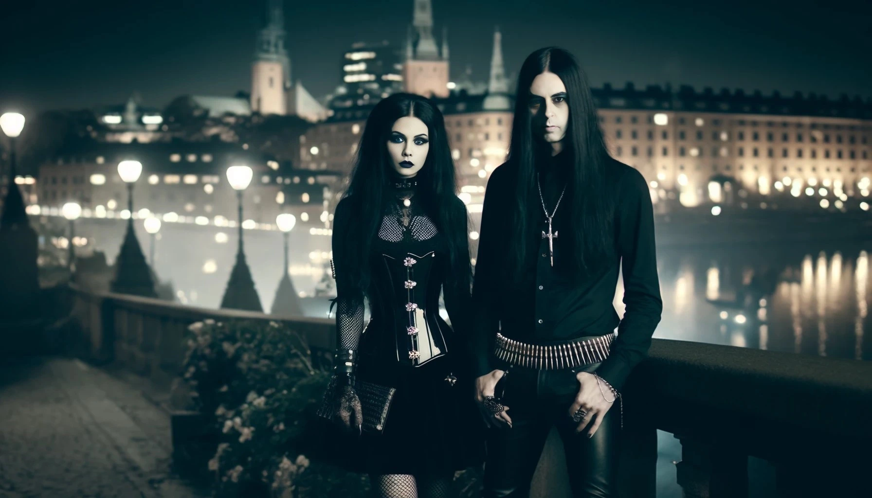 On the picturesque streets of Gothenburg at night, a gothic woman and a black-clad metalhead man pose by the river, blending the city's heritage with their modern edge.